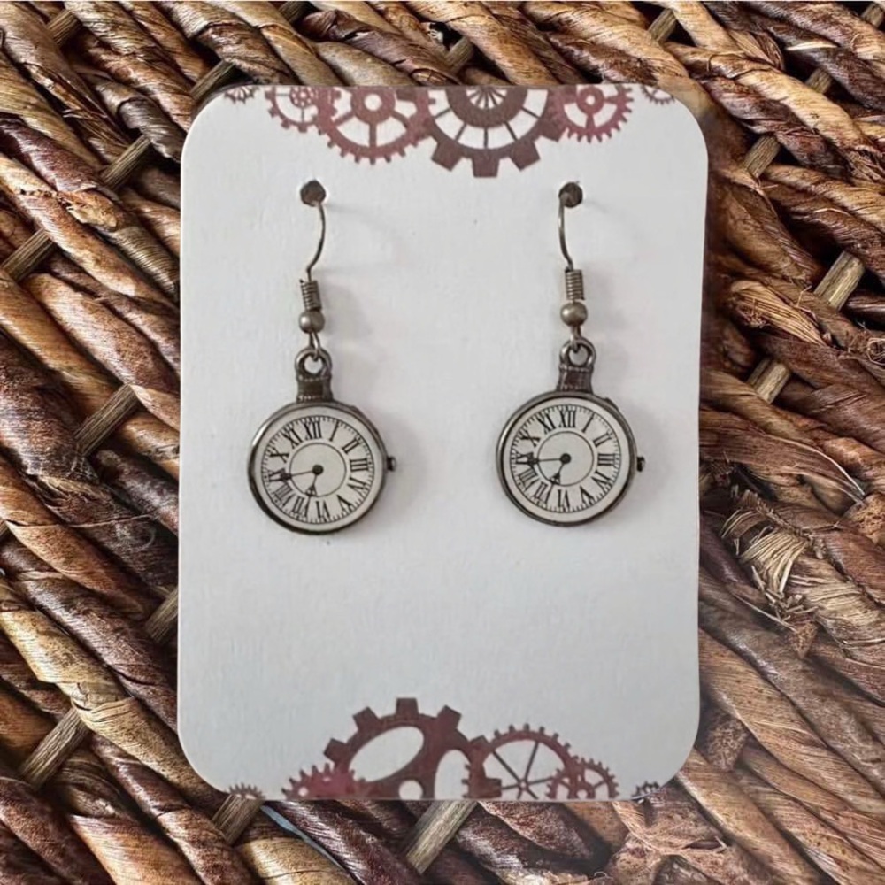 New Bronze-Tone Steampunk Clock Dangle Earrings (1.6" l x 0.7" w) (Version 1)